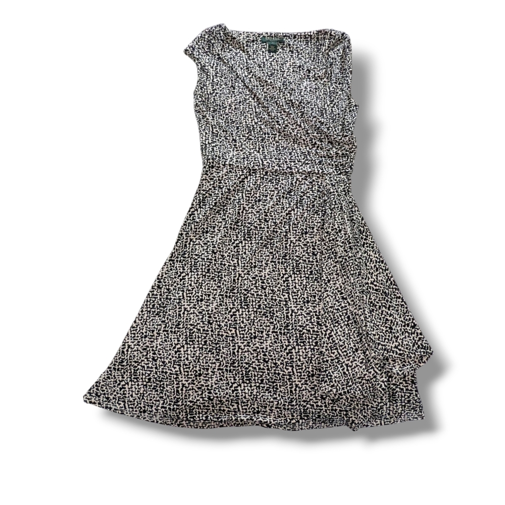 Lauren Ralph Lauren Black White Printed Ruched A Line Jersey Knit Dress Size 8 - Picture 10 of 12